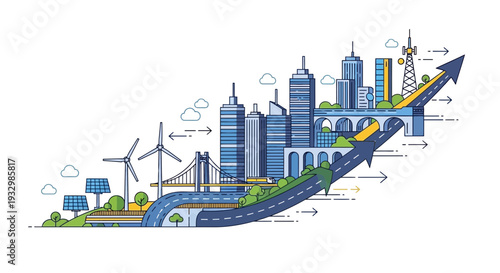 A detailed illustration of urban development and sustainable growth, showing a city evolving from green energy to modern infrastructure and skyscrapers along an upward arrow.