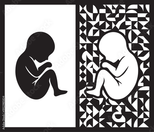 Human fetus development silhouette and artistic geometric pattern design showcasing life beginning stages in vertical composition
