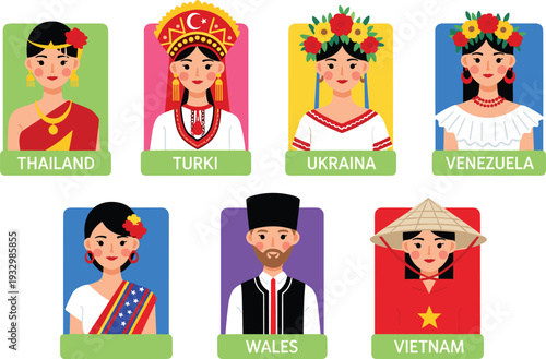 International people in traditional costumes vector illustration, Thailand Turkey Ukraine Venezuela Wales Vietnam cultural characters isolated on white background