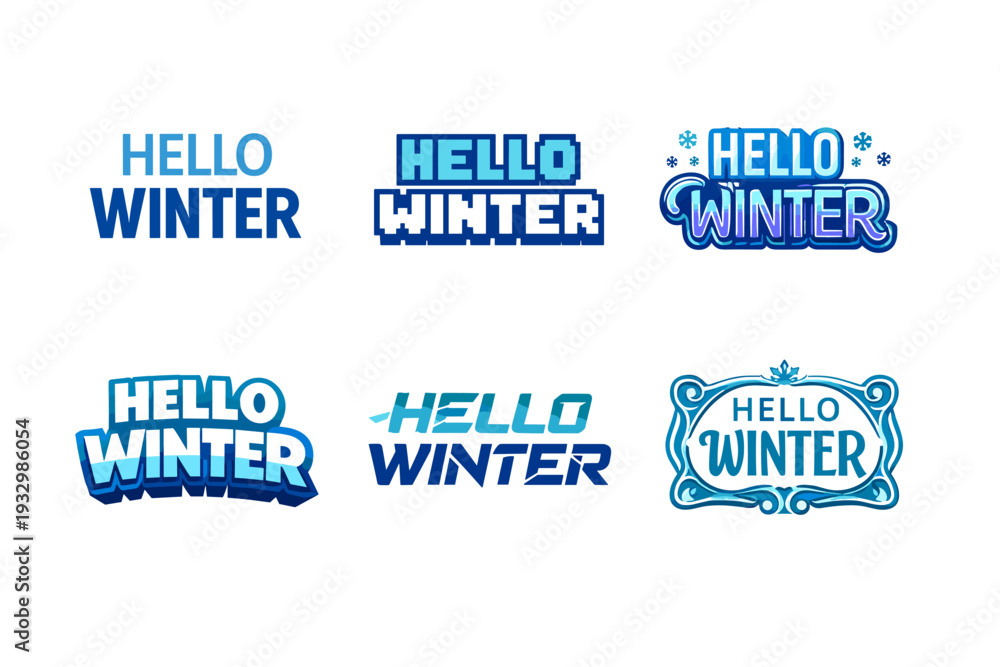 Obraz premium Hello winter text logos in various blue font styles with decorative elements