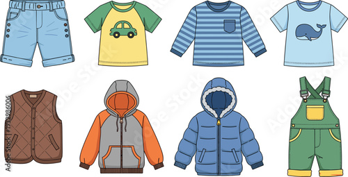 Kids clothing collection vector set, children outfits including t shirts, shorts, jackets and overalls, flat cartoon illustration isolated