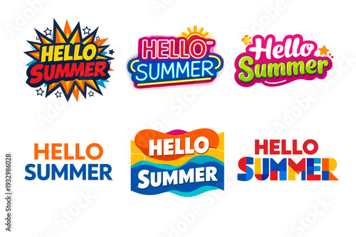 Colorful "hello summer" logos with vibrant designs and typography
