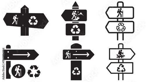 Mountain Trail Signpost With Hiking Icon And Recycling Mark — Black Solid Vector For Sustainable Wayfinding And Trail Stewardship