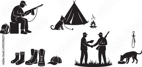 Hunting trip with dog at campsite, rifle, boots, cap, camouflage, duck, binoculars, hunting gear, outdoor activity, wilderness adventure