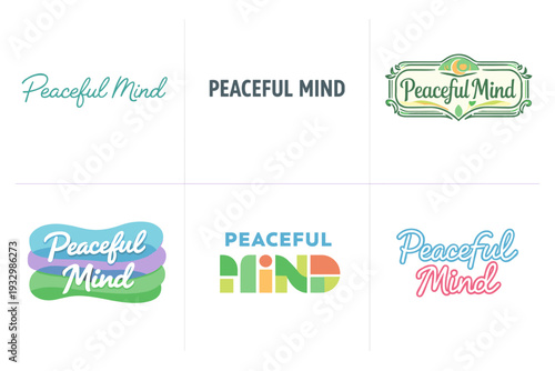 Collection of peaceful mind logos featuring colorful typography and design variations