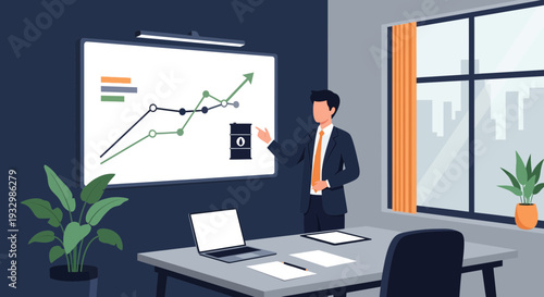 Businessman presenting oil industry growth vector illustration