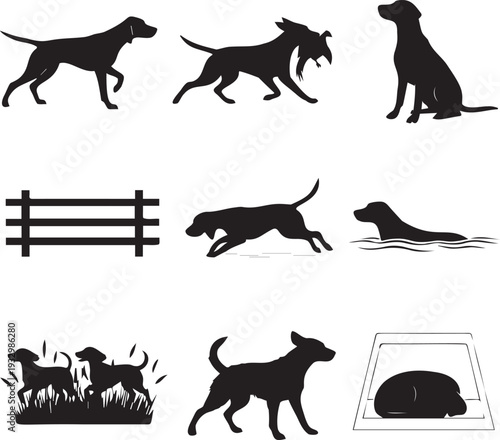 Hunting dogs in various poses, retrieving game, swimming, resting, running, silhouette collection, canine companions, outdoor activity