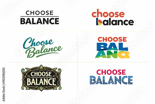 Choose balance: diverse logo designs showcasing creative typography and color