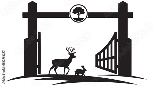 Nature Reserve Entrance Gate With Tree Emblem And Animals Crossing — Black Solid Vector For Protected Area Signage And Wildlife Corridors