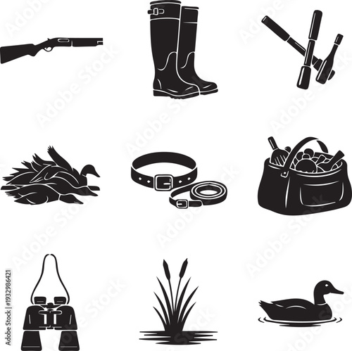 Hunting gear and accessories, shotgun, boots, binoculars, hunting dog collar, game birds, basket, hunting supplies, outdoor pursuit