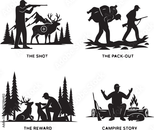 Deer hunting process silhouette collection featuring shot preparation packing out meat reward and campfire story telling scenes