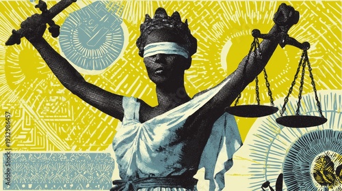 Blindfolded Lady Justice Statue Holding Sword and Scales Against Yellow Background with Geometric and Circular Patterns
