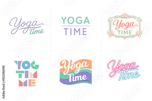 Colorful yoga time logos in six unique artistic styles