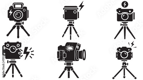 Wildlife Camera Trap On Tripod With Flash Symbol — Black Solid Vector For Remote Monitoring, Anti-Poaching And Ecological Surveying