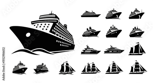 Collection of various ship silhouettes, perfect for maritime design and travel themes.