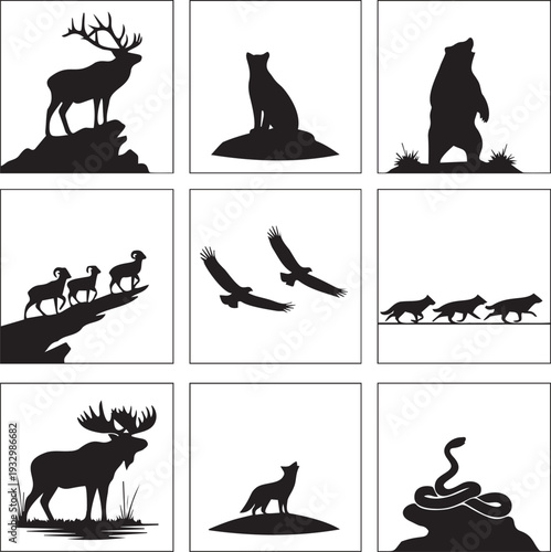 Wild animal silhouettes in natural habitats including elk bear cougar mountain goat eagles wolves moose fox and coiled snake icons