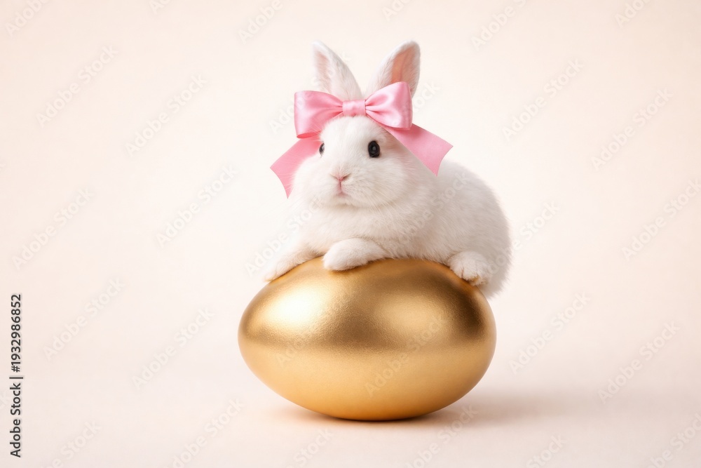 Fototapeta premium Cute white baby rabbit with pink bow sitting on large golden egg over plain beige backdrop
