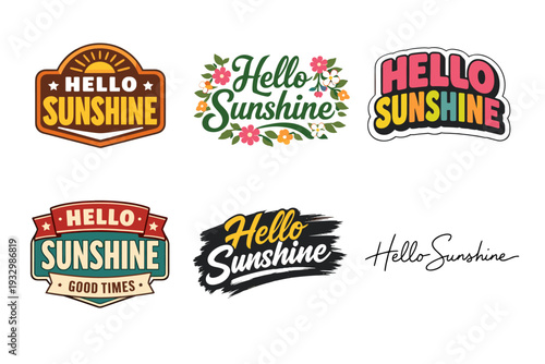 Colorful hello sunshine typography designs with floral and retro elements