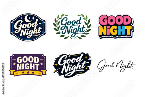Colorful good night typography collection with various styles and decorative elements