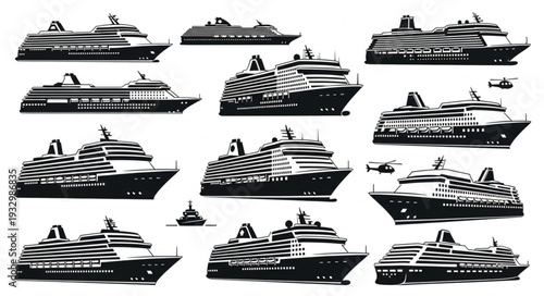 Collection of various cruise ships in black and white, side view, isolated.