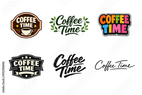 Coffee time logo designs: vintage, modern, colorful, artistic variations