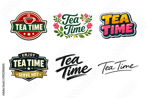 Variety of tea time logo designs featuring floral and retro styles