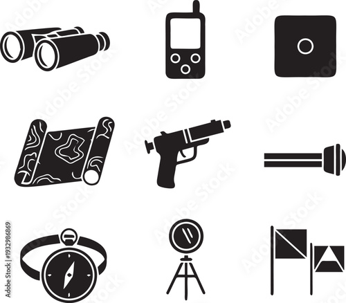 Set of silhouette icons for hunting, exploration, and outdoor navigation equipment