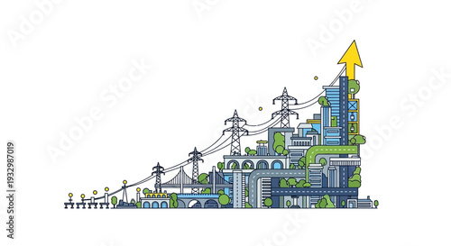 Illustration of urban and industrial growth with infrastructure development and an upward trend arrow symbolizing progress and economic expansion.