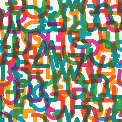 abstract Vector seamless pattern colored background with simple, thick geometric font. Latin alphabet letters, numbers. Textile, fabric, wallpaper, wrapping paper, tile, t-shirt design. No ai