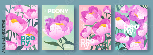 Abstract gradient botanical set of posters with peony flowers. Trendy natural illustrations with spring flowers. Modern design for Mother's Day, Easter, Women's Day, home decorations, cover, card