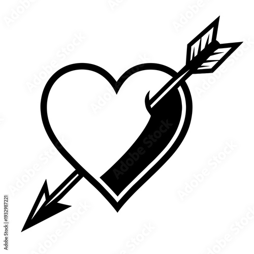 Timeless Black & White Heart Pierced by Cupid's Arrow, a Poignant Symbol of Love, Romance, Passion, and Affection. Ideal for Valentine's Day, Weddings, Anniversaries, and Emotional Expressions. High-Q