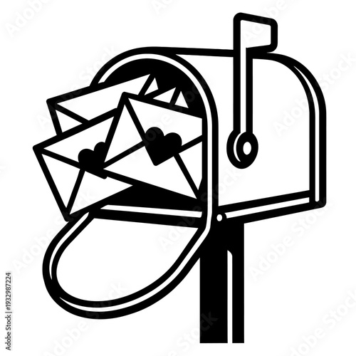 Black & white line art illustration: a classic mailbox overflowing with romantic love letters, each envelope sealed with a prominent heart. This iconic image symbolizes heartfelt communication, deep a