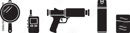 Survival items set vector illustrations including handheld mirror, walkie-talkie, handgun, spray can, and wet wipes