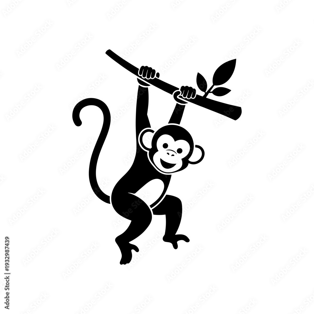 Fototapeta premium Playful monkey hanging from a branch a charming black graphic silhouette