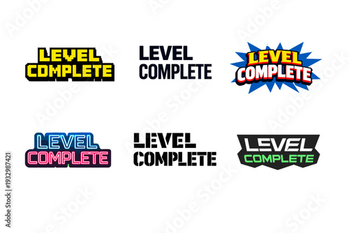 Diverse 'level complete' designs in various styles and fonts
