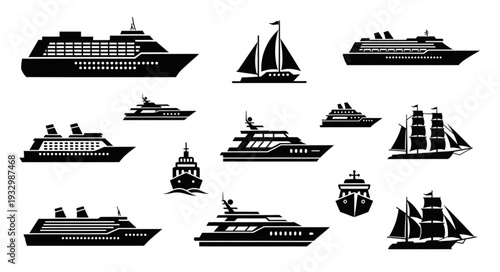 Collection of various black ship silhouettes on a white background, perfect for design.