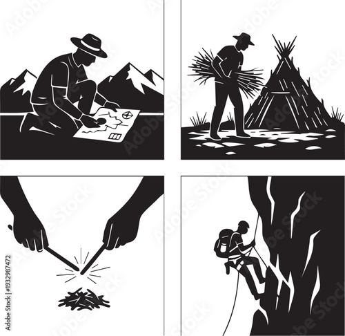 Outdoor survival skills and activities vector silhouettes including map reading, shelter building, fire starting, and climbing