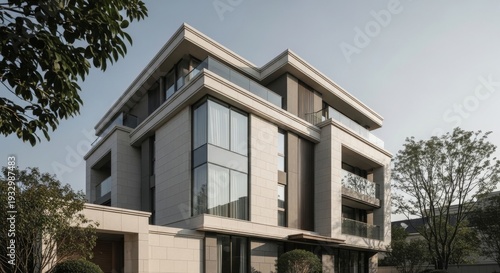 Architecture, modern design and residential building exterior in a serene suburban setting with family enjoying their new home overlooking landscaped gardens. Luxury, elegance and contemporary style