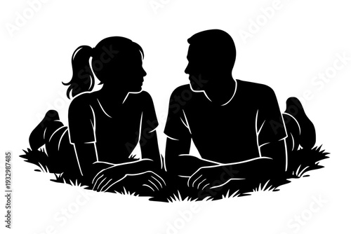A peaceful silhouette of a loving couple, a man and a woman, lying relaxed on a grassy lawn, gently looking at each other. This tender illustration perfectly captures an intimate moment of connection,