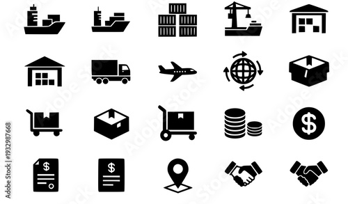 Black Silhouette International Trade and Cargo Shipping Icon Set