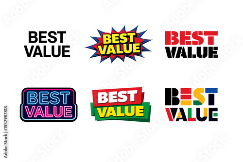 Colorful best value logos with various font styles and designs