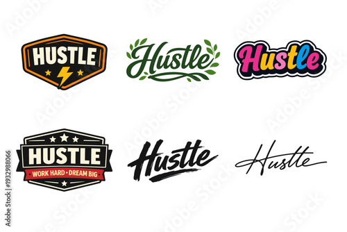 Diverse hustle typography designs featuring bold graphics and creative fonts