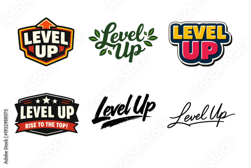 Variety of colorful level up logos in different artistic styles