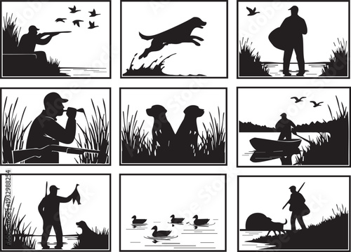 Duck hunting vector illustration set, hunters with dogs, shooting birds, fetching ducks, outdoor recreation, silhouettes