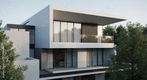 Modern architecture, contemporary design and luxury home exterior in a suburban neighborhood with family enjoying outdoor space on balcony overlooking lush greenery. Real estate, property and