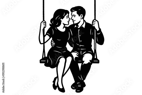 Intimate black and white illustration of a romantic couple on a swing, their eyes locked in affectionate anticipation. This timeless vintage silhouette perfectly captures enduring love, sweet nostalgi