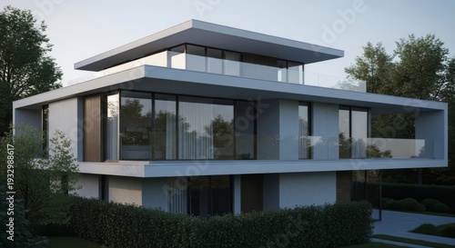 Modern architecture, contemporary design and luxury home exterior in a suburban setting with family enjoying outdoor space and panoramic views from large windows. Minimalism, elegance and
