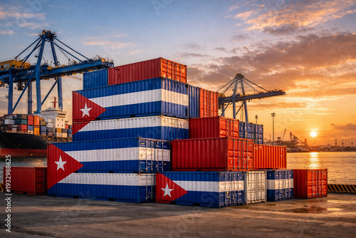 Shipping containers with the Cuban flag. International trade with Cuba, imports and exports.