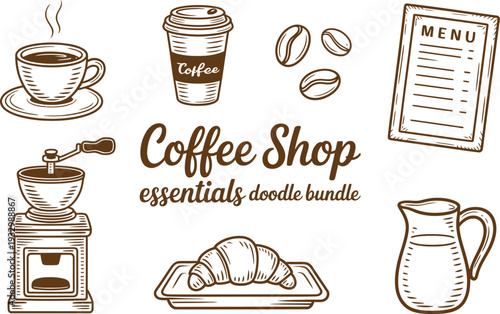 Coffee shop essentials doodle bundle featuring coffee cup, coffee beans, coffee grinder, croissant, milk jug, and menu