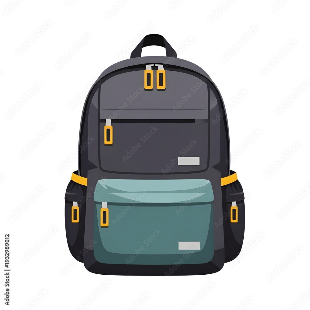 Fototapeta premium Dark Gray Backpack with Yellow Zippers and Teal Front Pocket